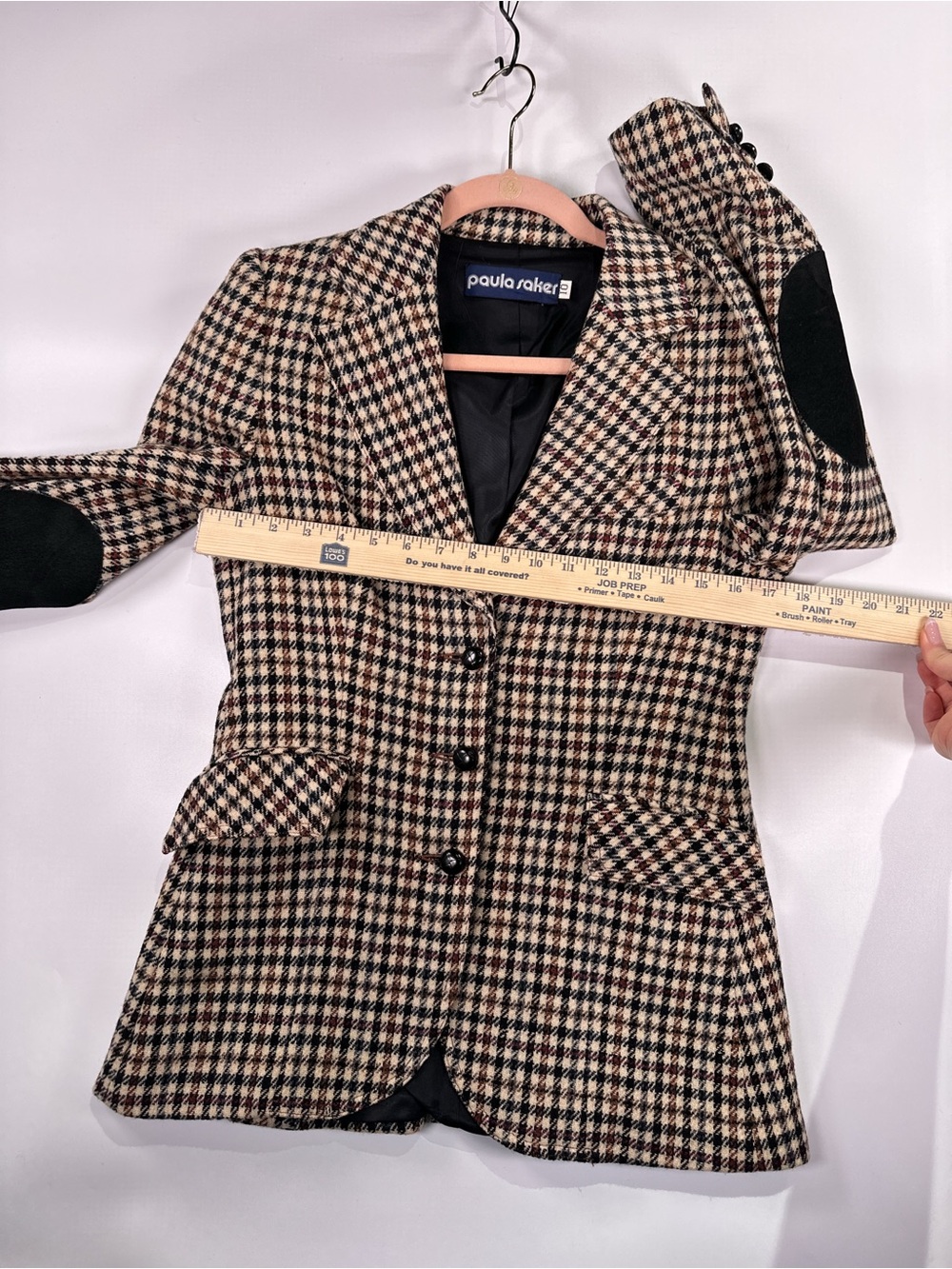 Paula Saker Vintage Blazer Suede Patches Houndstooth Tan Size 10 - Picture 12 of 13